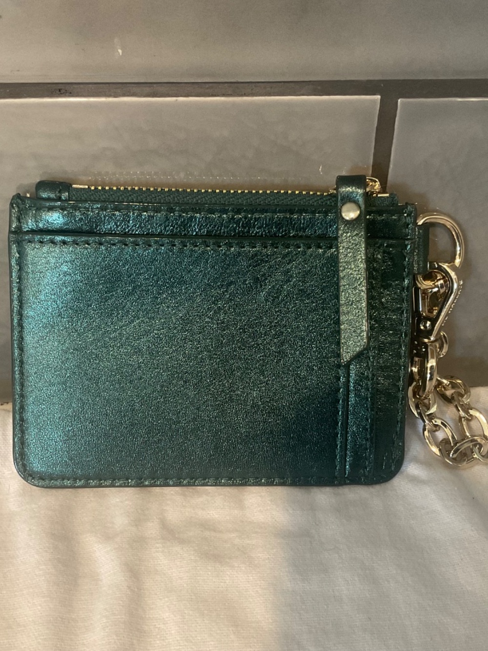 MZ Wallace Metallic Emerald Leather Card Case with Chain - Picture 2 of 5
